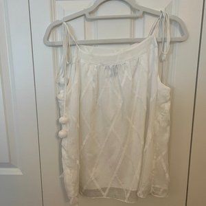 Aqua White Tank Top Shoulder Tie Pom Pom